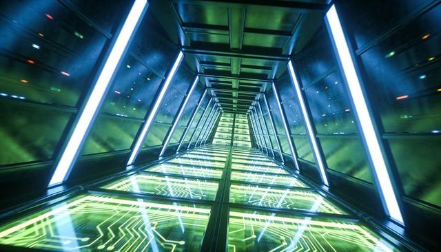Futuristic glowing tech tunnel with circuit-floor perspective and led beam reflections