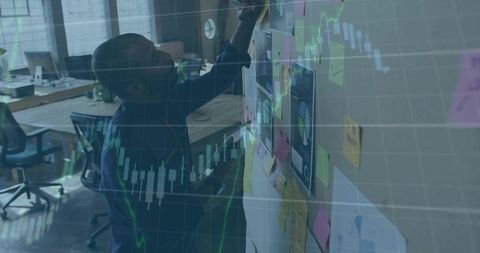 Placing sticky notes on office wall overlaid with candlestick chart for agile finance planning