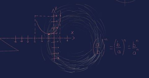 Abstract math chalkboard: vectors, parabolas, and exponents