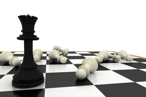 Transparent black queen triumphs over fallen white pawns