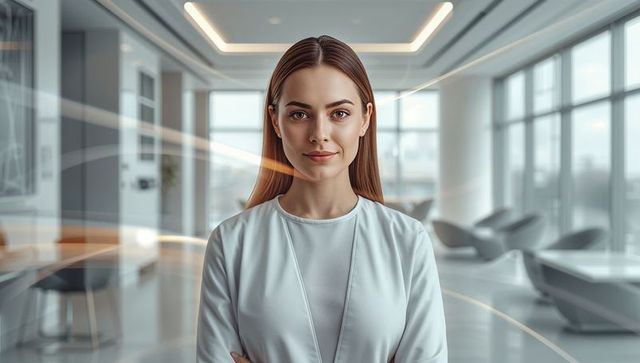 Confident female executive standing in modern glass lobby with minimalist corporate design