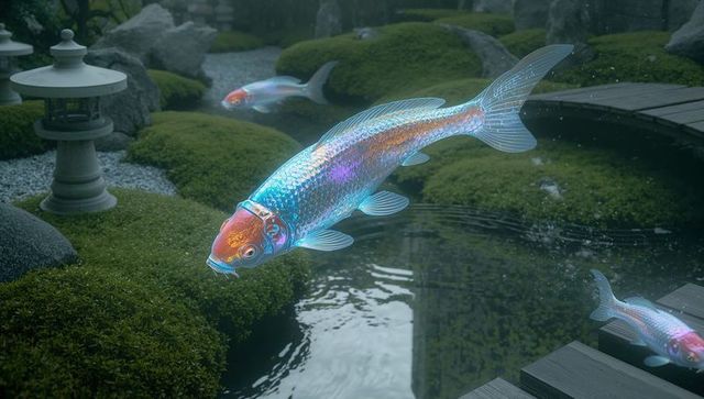 Vibrant koi fish in serene japanese garden pond