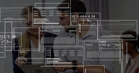 Business team collaborating over tablet with smartwatch, data overlays and dashboards