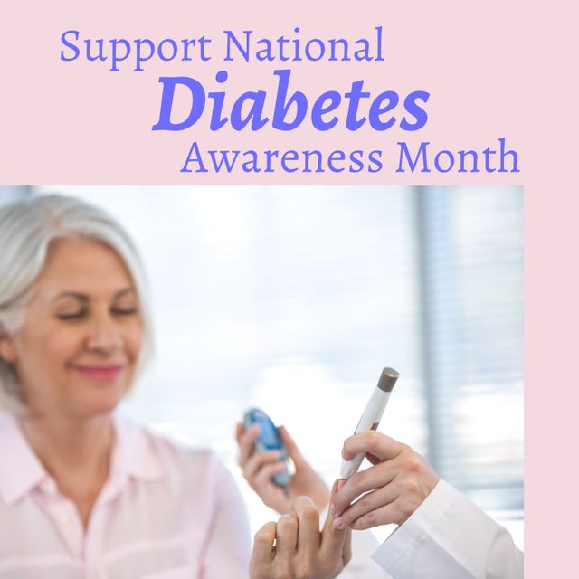 Image emphasizes the importance of National Diabetes Awareness Month, featuring an elderly woman receiving insulin. This can be used in health awareness campaigns, educational materials, medical websites, or social media posts aimed at promoting diabetes awareness and encouraging proper diabetes management among seniors.