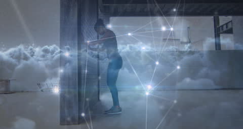 Athletic Woman Exercising in Digital Cloud Interface