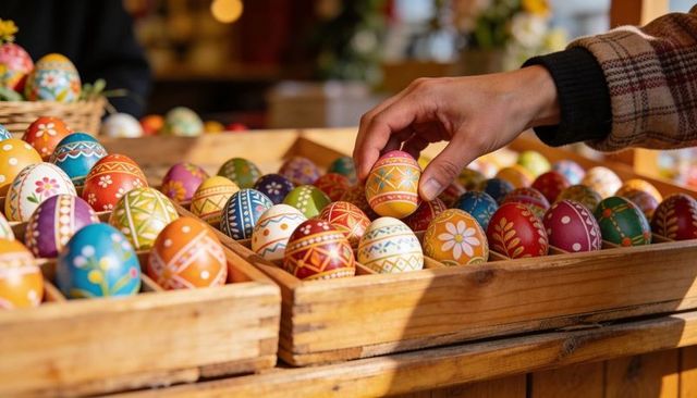 Hand picking colorful hand-painted Easter eggs at rustic market stall with wooden crates