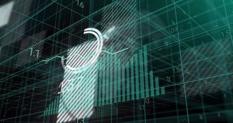 Visualizing 3d financial analytics in futuristic grid dashboard with bar and line charts