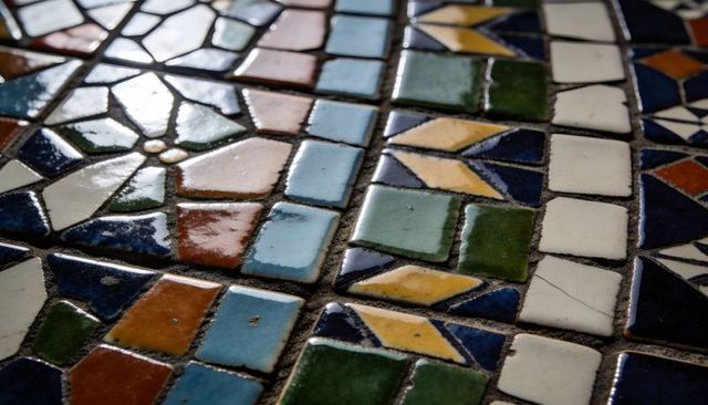 Displaying glazed colorful ceramic mosaic tiles with reflective sheen and grout texture