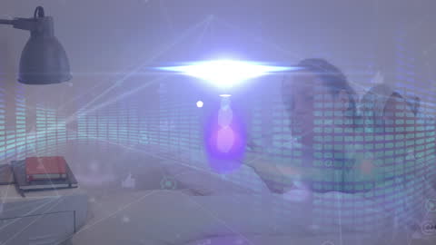 Caucasian Woman Coughing with Digital Network Overlay