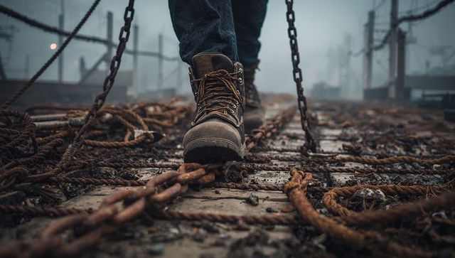 Low-angle brown leather boot stepping on rusted chain foggy harbor dock gritty ropes