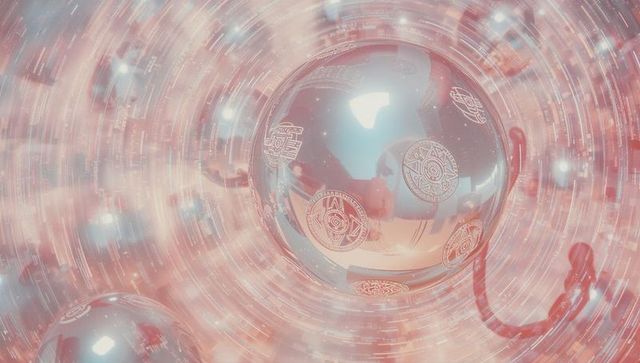 Futuristic sphere with glyph engravings in digital vortex