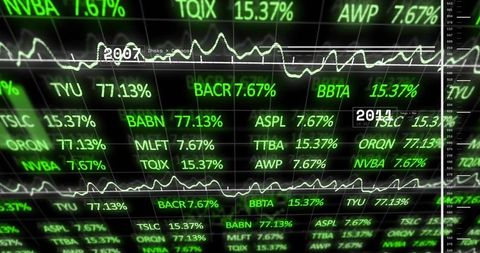 Displaying neon stock ticker dashboard with percentage metrics, sparklines and data grid