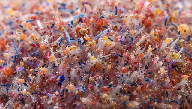 Iridescent Filaments Glittering with Colorful Beads Macro Texture