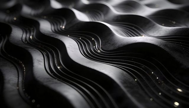 Metallic Black Wavy Surface with Gold Sparks and Parallel Channels, Abstract Macro
