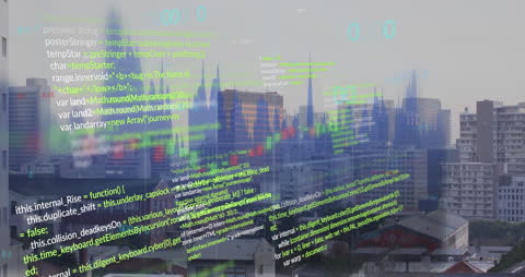 Digital Data Overlay on Urban Cityscape at Dusk