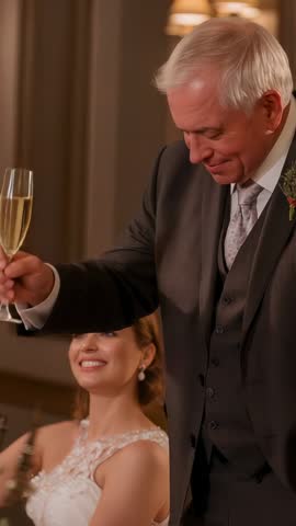 Father Raising Toast at Wedding Reception While Bride Smiling and Champagne Flute Lowering