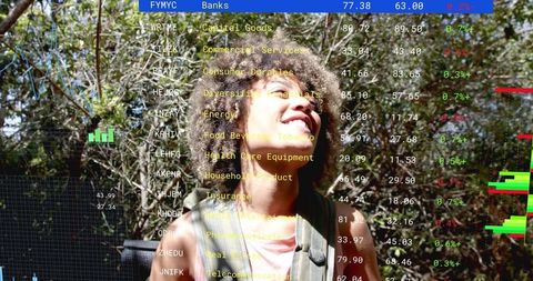 Sunlit Trail Hiker Smiling with Augmented Financial Tickers Overlaying Forest Data Visualization