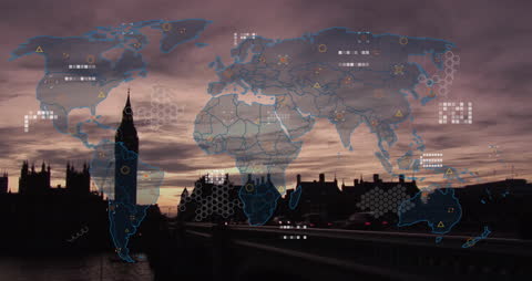 Global Data Processing Overlay with City Skyline at Sunset
