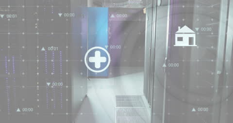 Digital Icons Over Grid Network in Server Room Setting