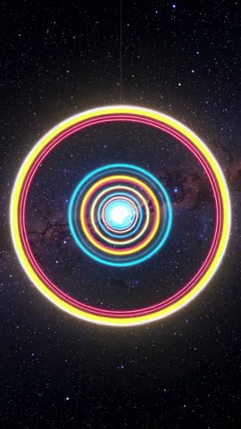 Glowing Orb Brightening with Expanding Neon Rings Over Starfield Vertical Loop