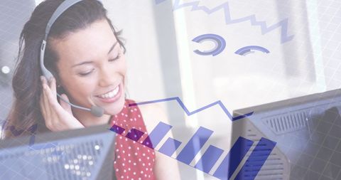 Smiling Woman Using Headset with Financial Statistics Overlay