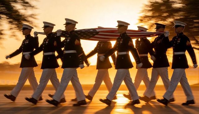 Us marine honor guard carrying american flag across golden plaza at sunset ceremonial march