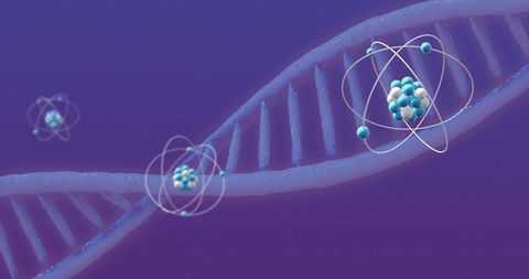 Molecule and DNA Strand Illustration on Purple Background
