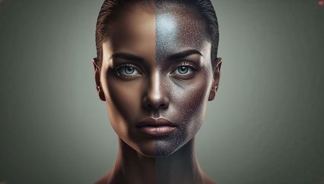 Split-Face Beauty Portrait Showcasing Bronze Contour and Glittered Editorial Makeup