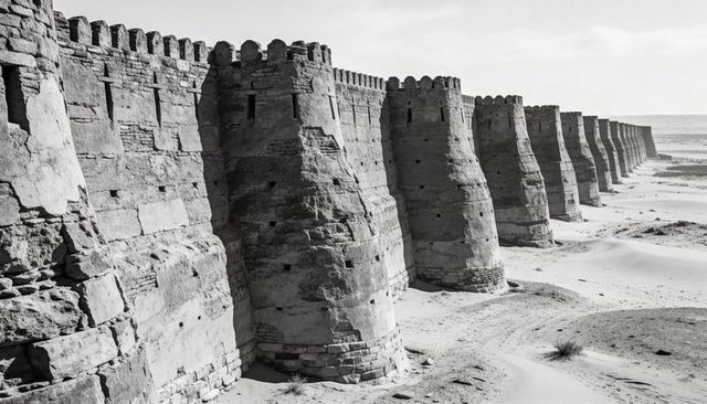 Weathered coastal fortress wall stretching along windswept sand with rounded bastions