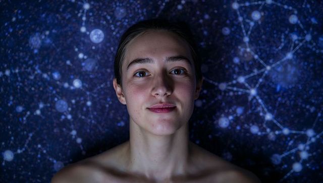 Gazing young woman with bare shoulders against starfield backdrop, blue cosmic contemplative portrai