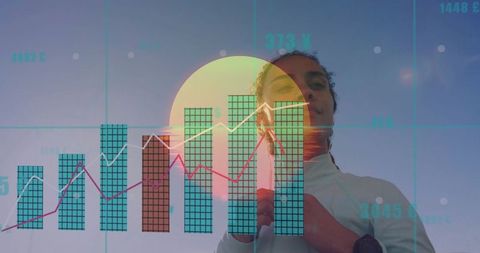 Female Athlete Adjusting Jacket with Sunrise and Chart Overlay