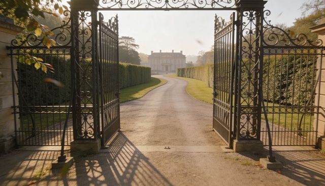 Wrought-Iron Gate Opening to Manor Driveway Casting Ornate Shadow Patterns at Sunrise