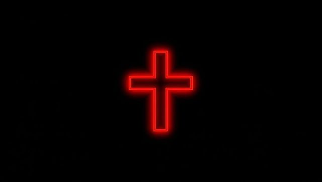 Glowing red neon cross symbolizing faith in the modern age
