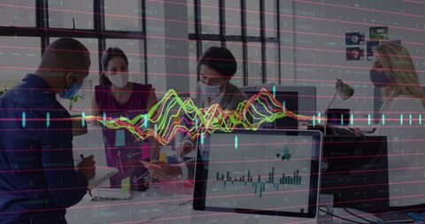 Business Team in Masks Amid COVID-19 with Overlayed Financial Charts