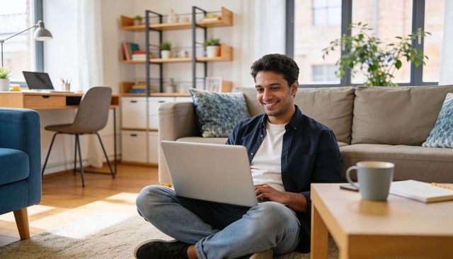 Smiling asian man working on laptop in cozy living room, remote work home office lifestyle