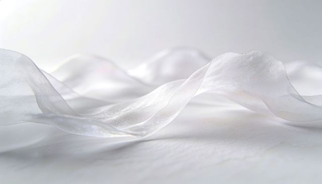 Shimmering organza ribbon flowing over pearlescent white surface with delicate folds