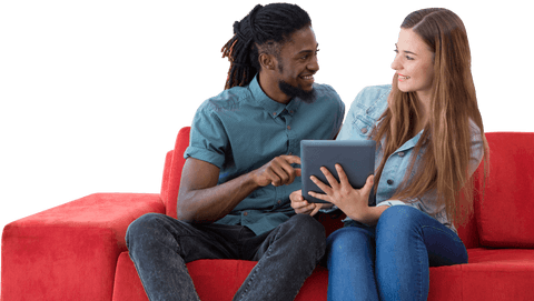 Transparent Image of Students Smiling While Using Tablet on Red Sofa - Download Free Stock Videos Pikwizard.com