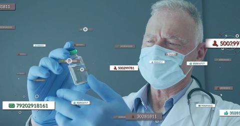Senior doctor analyzing vaccine sample with data overlay