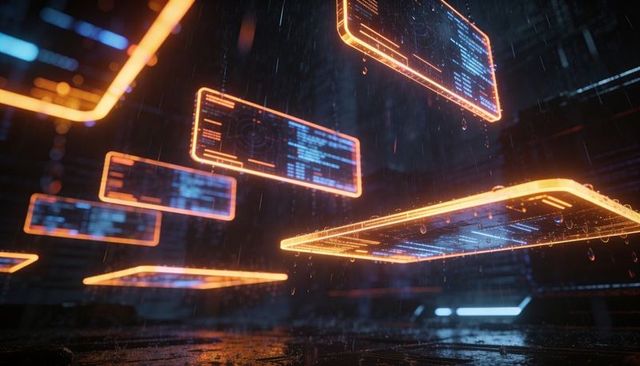 Futuristic holographic data panels floating in rainy industrial datacenter