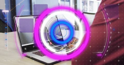 Futuristic ar hud overlay on laptop keyboard with hand interacting in modern workspace