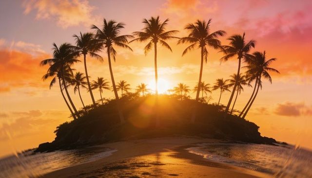 Golden tropical islet at sunset with tall palm silhouettes and wet sand reflections