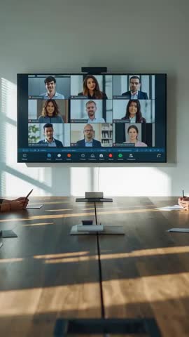 Vertical boardroom video of remote meeting grid on display with team taking notes in sunlight