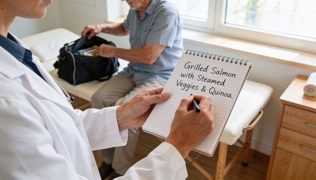 Doctor writing personalized meal plan for senior patient during clinic consultation