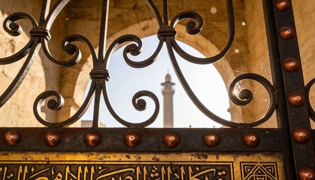 Ornate wrought-iron gate framing mosque minaret through sunlit stone arch portal