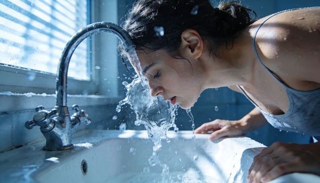 Young woman splashing face under chrome faucet at sunlit bathroom sink