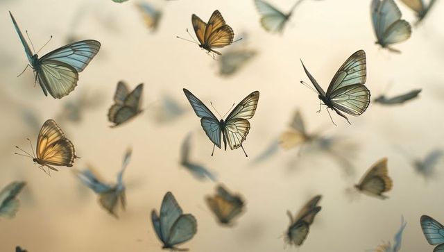 Translucent butterflies fluttering in warm misty golden-hour sky, delicate lepidoptera in flight