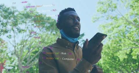 Holding smartphone and checking code overlay in sunny park for mobile cybersecurity