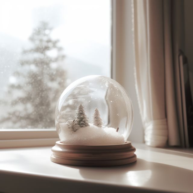 Snow globe with small trees inside sitting on window sill. Warm natural light from the window, suggesting calmness and serenity. Ideal for holiday decorations, cozy winter themes, and home interior design inspirations.
