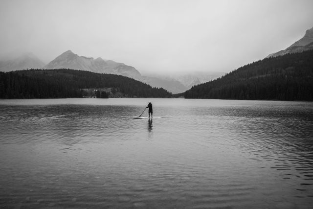Depicting a lone paddle boarder navigating a tranquil lake surrounded by misty mountains. The serene and reflective atmosphere of the image makes it suitable for themes of solitude, peacefulness, outdoor adventure, and nature exploration. The black and white tones add a timeless, contemplative feel, ideal for uses in travel promotions, nature documentaries, wellness retreats, and mindfulness campaigns.