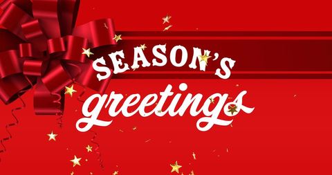 Season's Greetings Banner with Red Ribbon and Gold Stars
